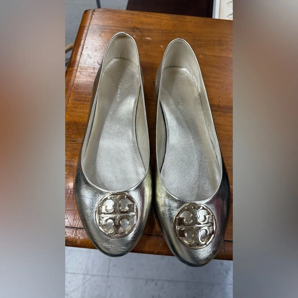 Tory Burch Metallic Gold Flats with gold logo